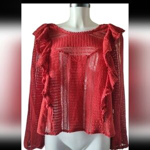 Sezane Red Crochet Ruffle Top